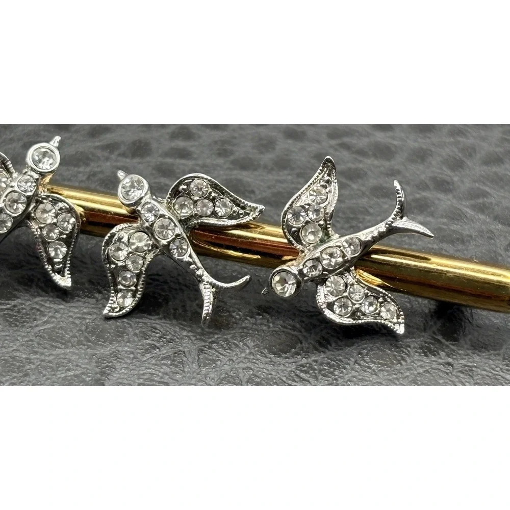 Atwood & Sawyer Victorian Revival Rhinestone Swallow Birds Bar Brooch Gold Tone